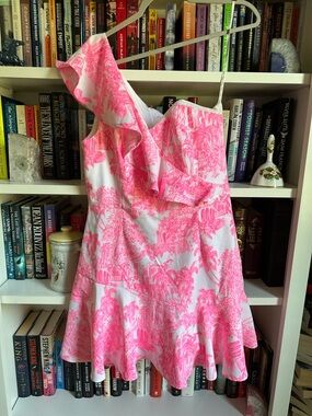 Lilly Pulitzer Pink Toile One-Shoulder Ruffle Mini Dress Romper Size 8
